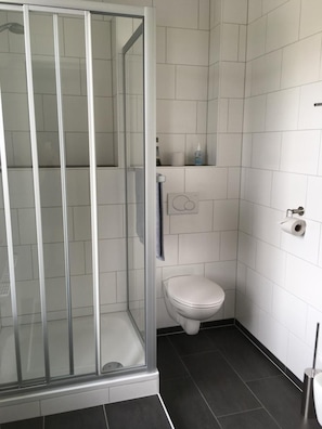 A bathroom with a glass-enclosed shower, a toilet, and a wall-mounted toilet paper holder.