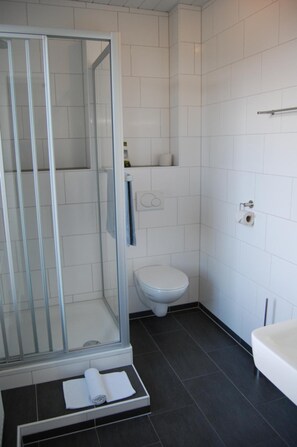 A modern bathroom with a glass shower enclosure, a toilet, and a sink.