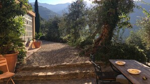 A patio with a table and chairs, surrounded by potted plants and a view of mountains. - Wonderful secluded place - il wokini (Pigna)
