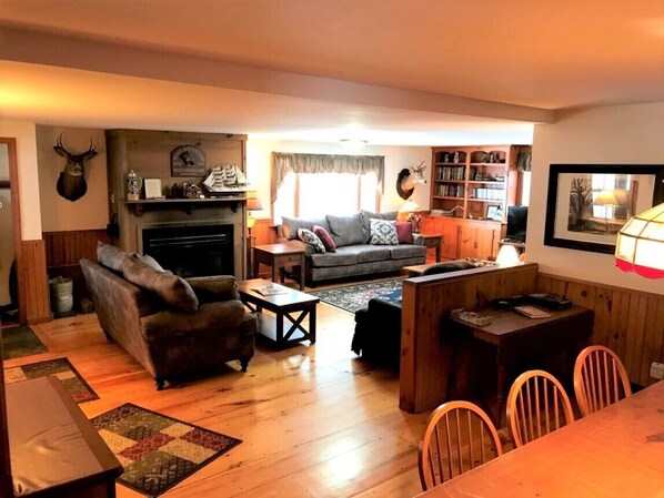 Smart TV, fireplace, DVD player, books