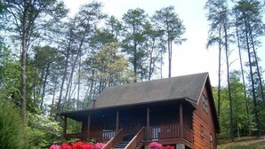Une cabane en bois dotée d’un porche et d’un escalier, entourée d’arbres et de fleurs rouges.