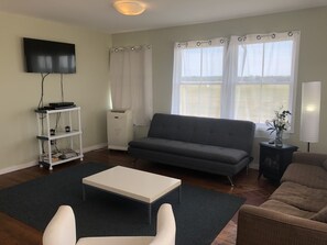 Smart TV, fireplace, DVD player, books