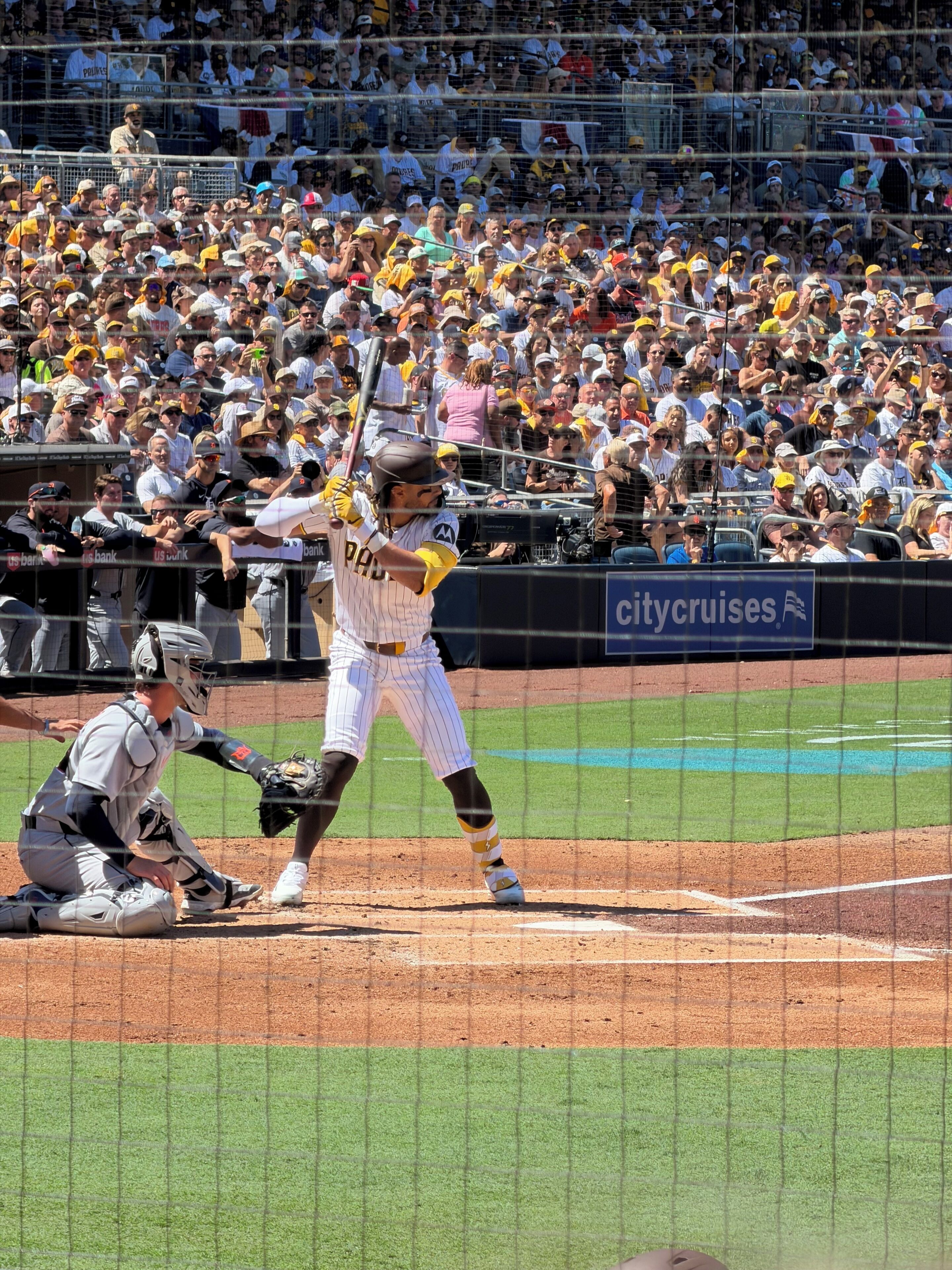 A baseball player at bat with a crowd in the background.