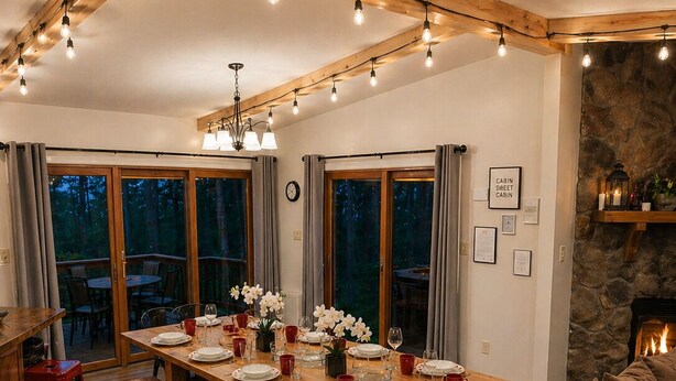 A dining area with a long wooden table set for six, benches, and a stone fireplace.