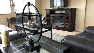 TV connectée, cheminée, lecteur de DVD, livres