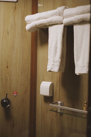 Shower, free toiletries, hair dryer, slippers