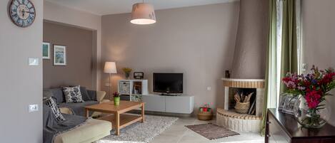 Smart TV, chimenea, libros