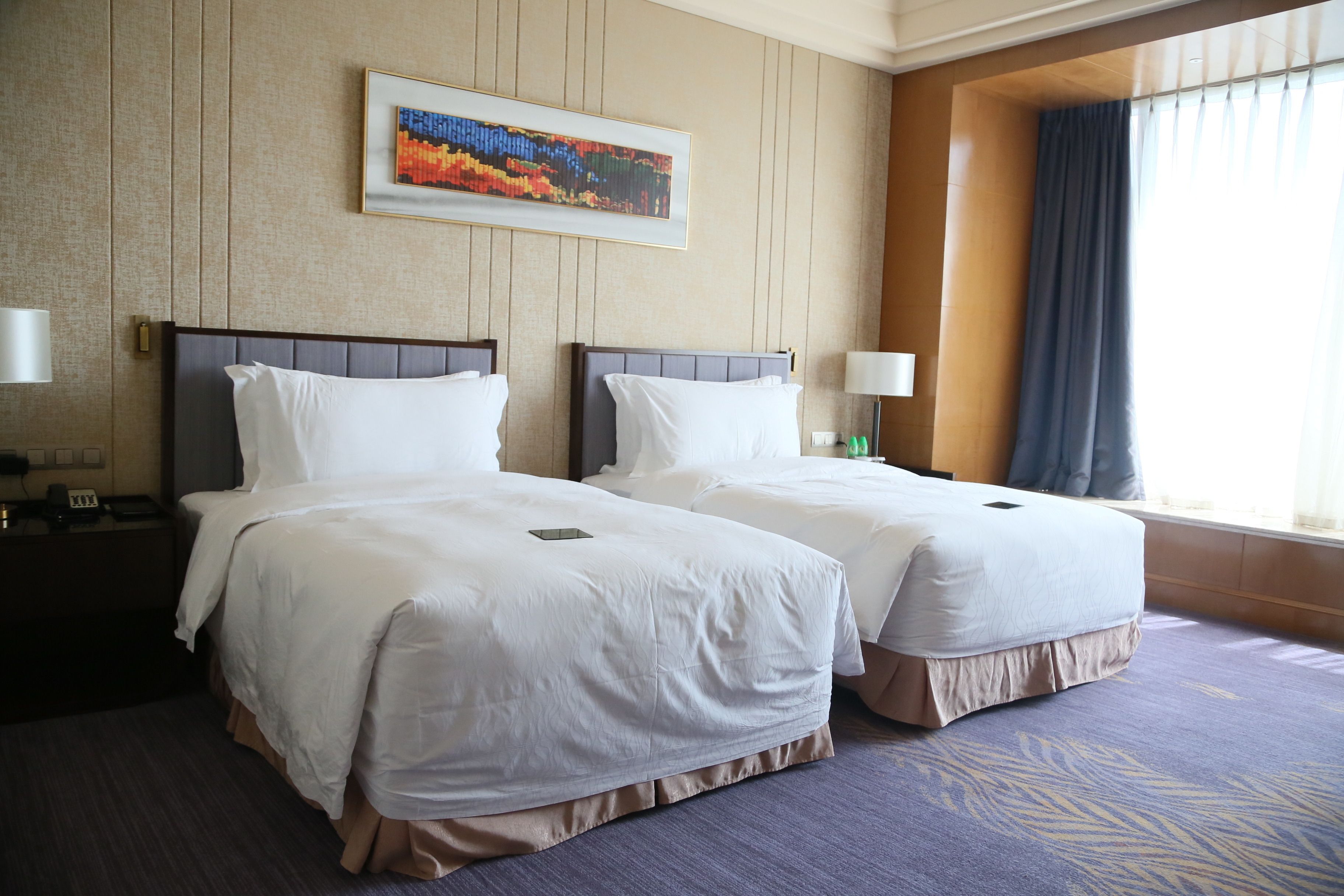 executive city view room with twin beds | in-room safe, desk, blackout curtains, iron/ironing board