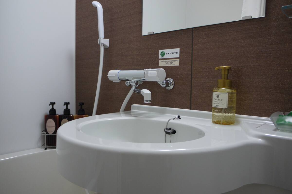 combined shower/bathtub, free toiletries, hair dryer, slippers