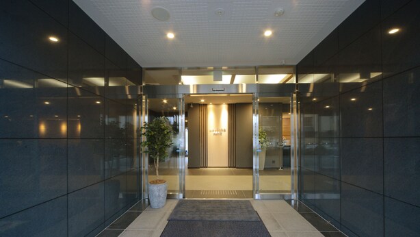 A modern entrance with glass doors, a potted plant, and a carpeted area leading to a reception desk.