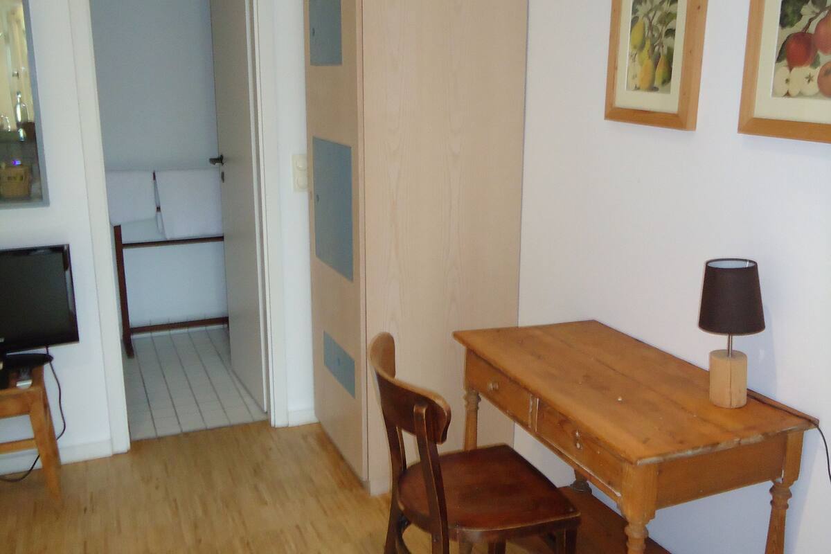Una habitación con un escritorio de madera, una silla, un televisor y una alfombra pequeña.