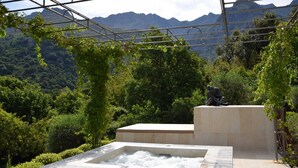 Uma banheira de hidromassagem com vista para uma paisagem montanhosa.