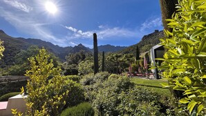 Um jardim exuberante com área de estar, uma árvore alta e montanhas ao fundo.