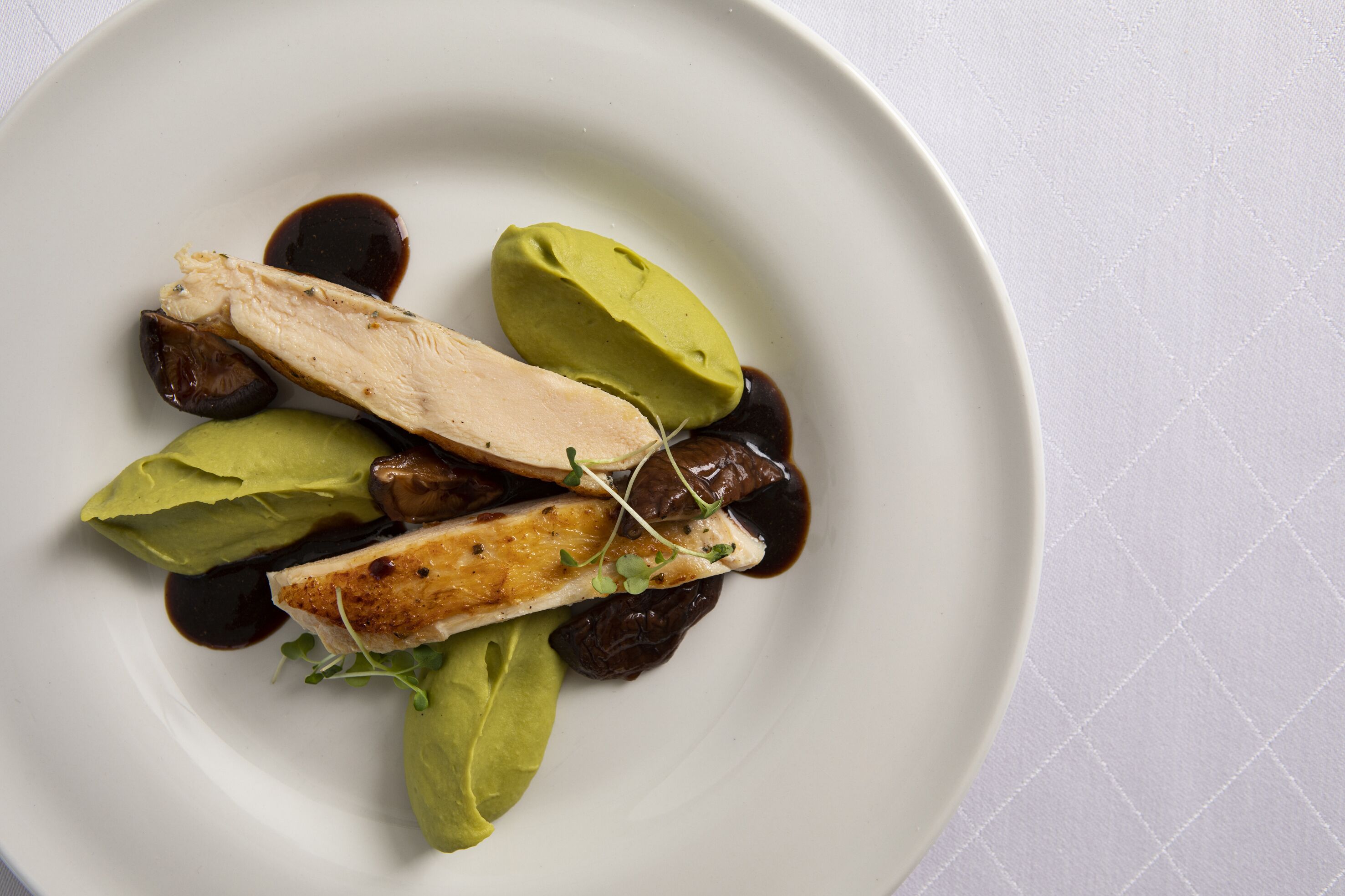 A white plate with a dish consisting of sliced meat, green leaves, and dark sauce.