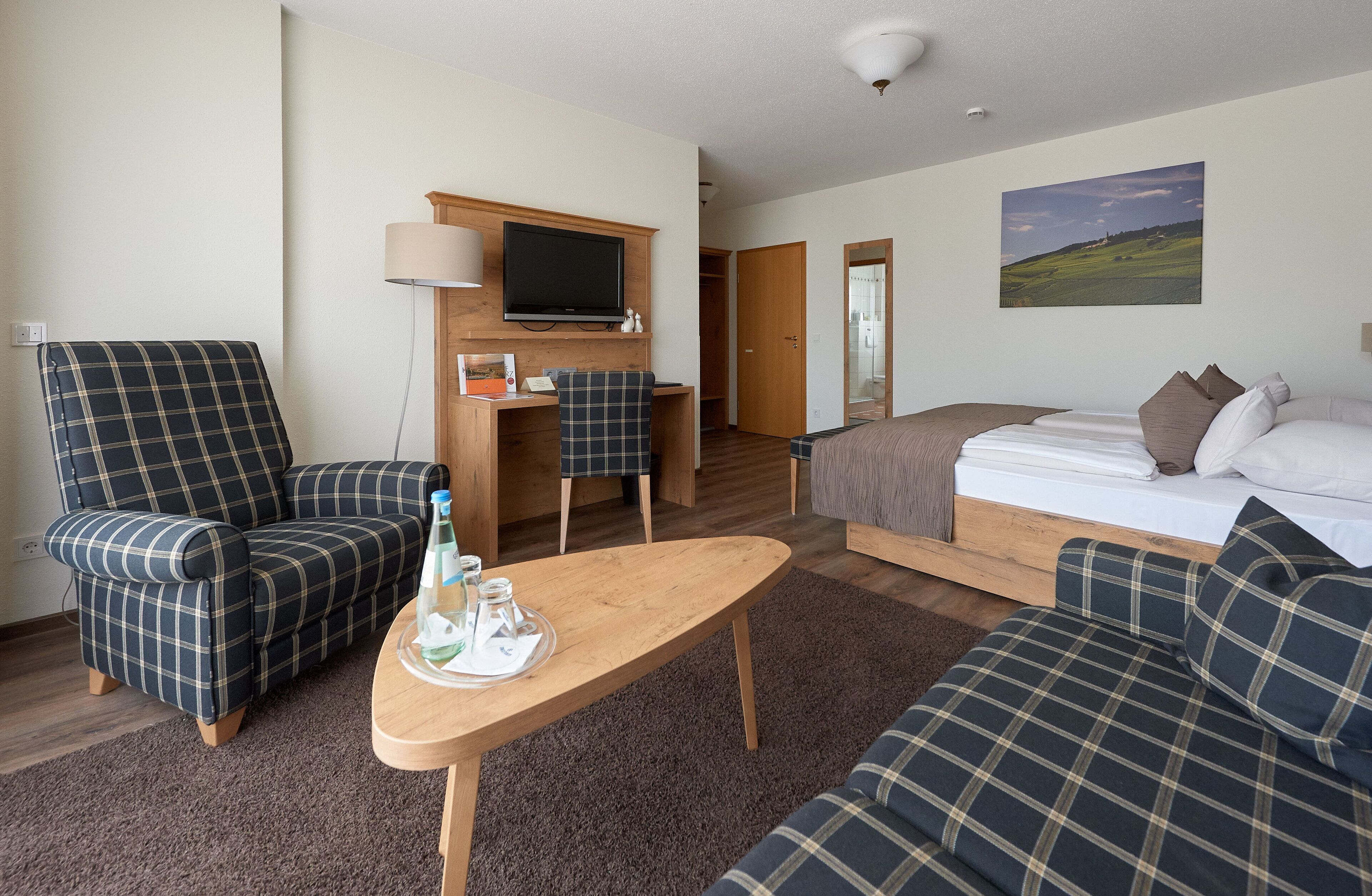 A room with a bed, two sofas, a desk, and a television.