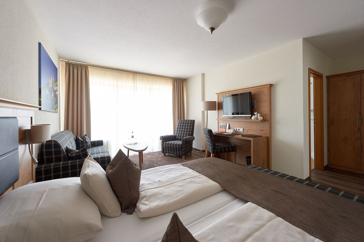 A hotel room with a bed, a desk, a television, a chair, and a sofa.