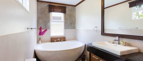 A modern bathroom with a freestanding bathtub, a vanity with a black countertop, and a large mirror above the sink.