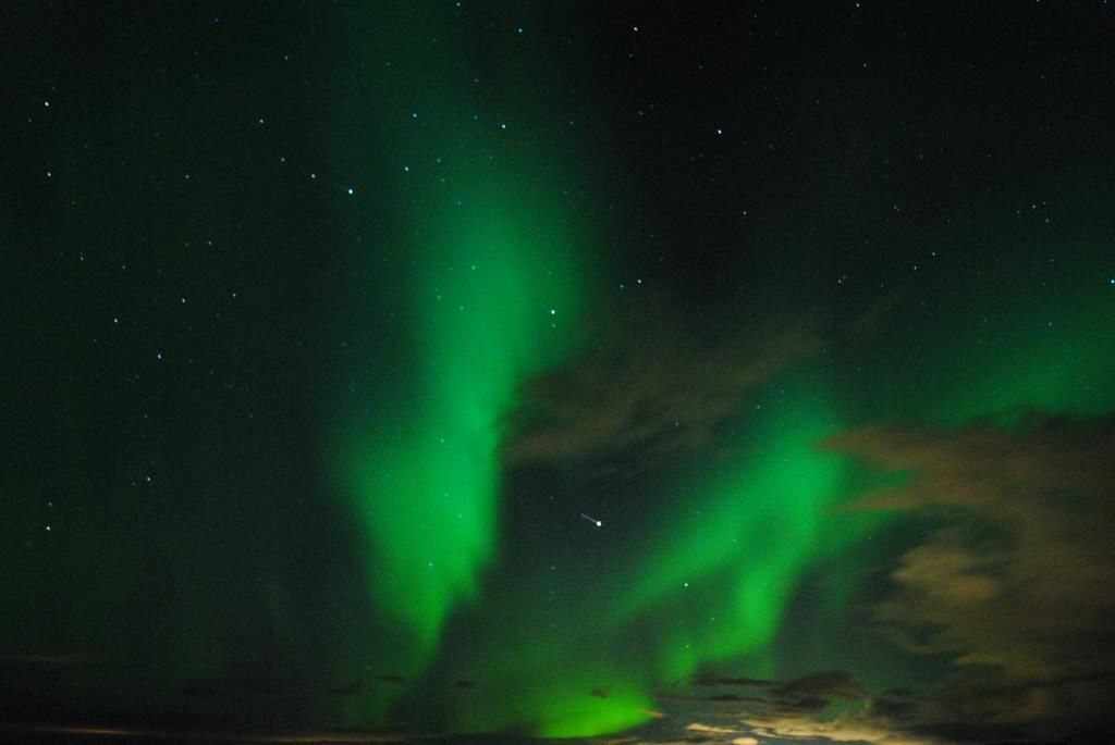 Cielo nocturno con estrellas visibles y aurora verde.