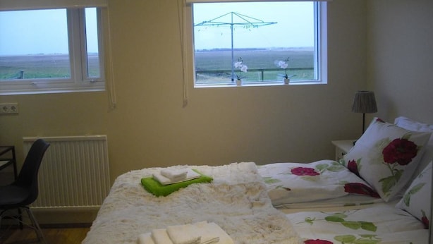 Un dormitorio con cama, una silla, un ventanal con vistas y un radiador.