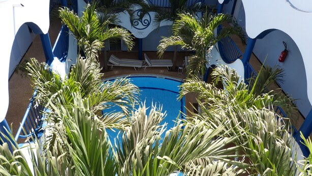 Una piscina rodeada de palmeras, sillas de descanso y un edificio azul y blanco con un letrero.