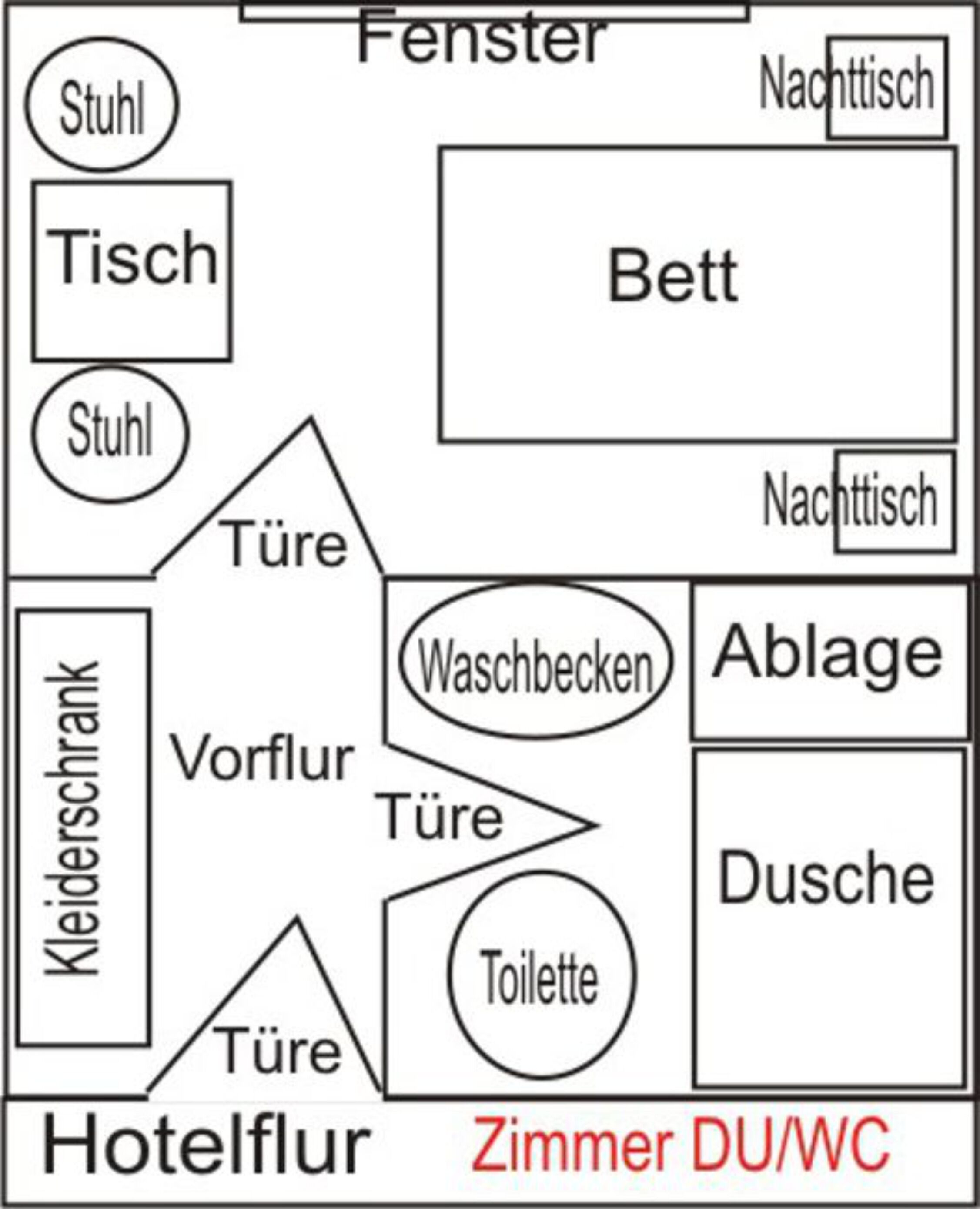 A hotel room layout with a bed, a table, a washbasin, a toilet, and a kitchenette.