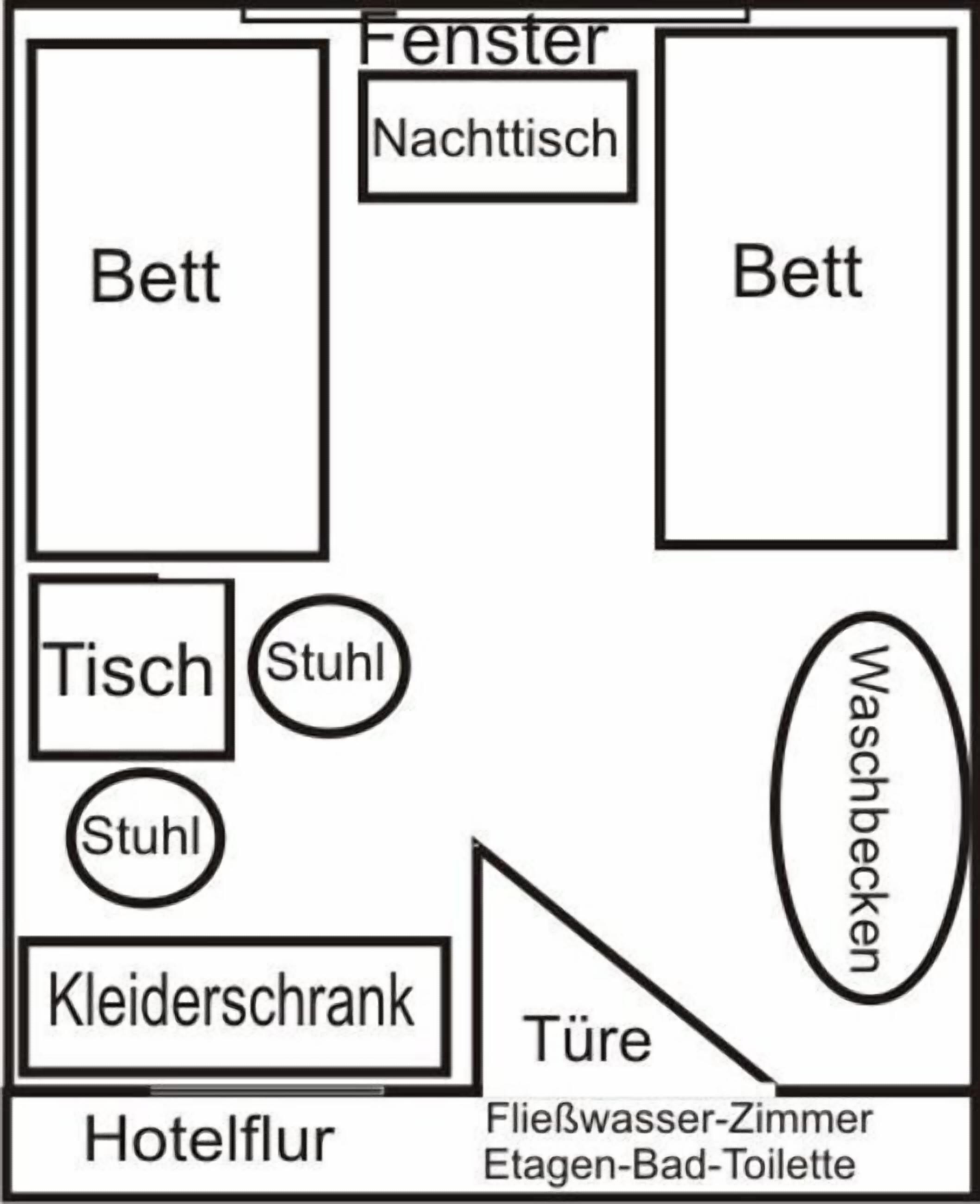 Hotellihuoneen pohjapiirros, jossa on sänky, pieni pöytä, jakkara, vaatekaappi, wc ja suihkutila.