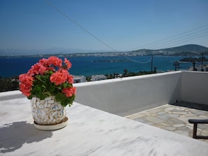 A white tiled balcony with a potted pink flower arrangement overlooking a coastal view. - Nikoleta Kolympithres Paros (Paros)