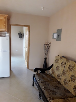 Apartamento básico, 1 cama Queen, para não fumantes | Área de estar | TV de tela plana 40 polegadas com canais a cabo, TV, filmes recentes