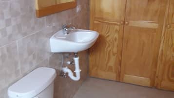 A bathroom with a toilet, sink, and wooden wardrobe.