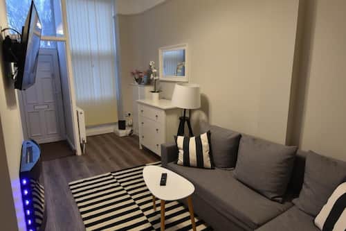 Appartement classique, 1 très grand lit et 1 canapé-lit, accessible aux personnes à mobilité réduite | Salle de séjour | Téléviseur connecté, foyer, Netflix