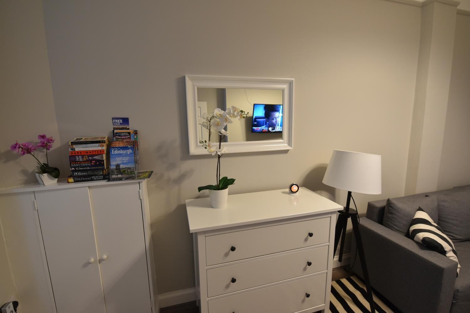 Una sala de estar con un mueble blanco, una mesita con una orquídea en maceta, un televisor montado sobre un espejo y un sofá gris con almohadones a rayas.