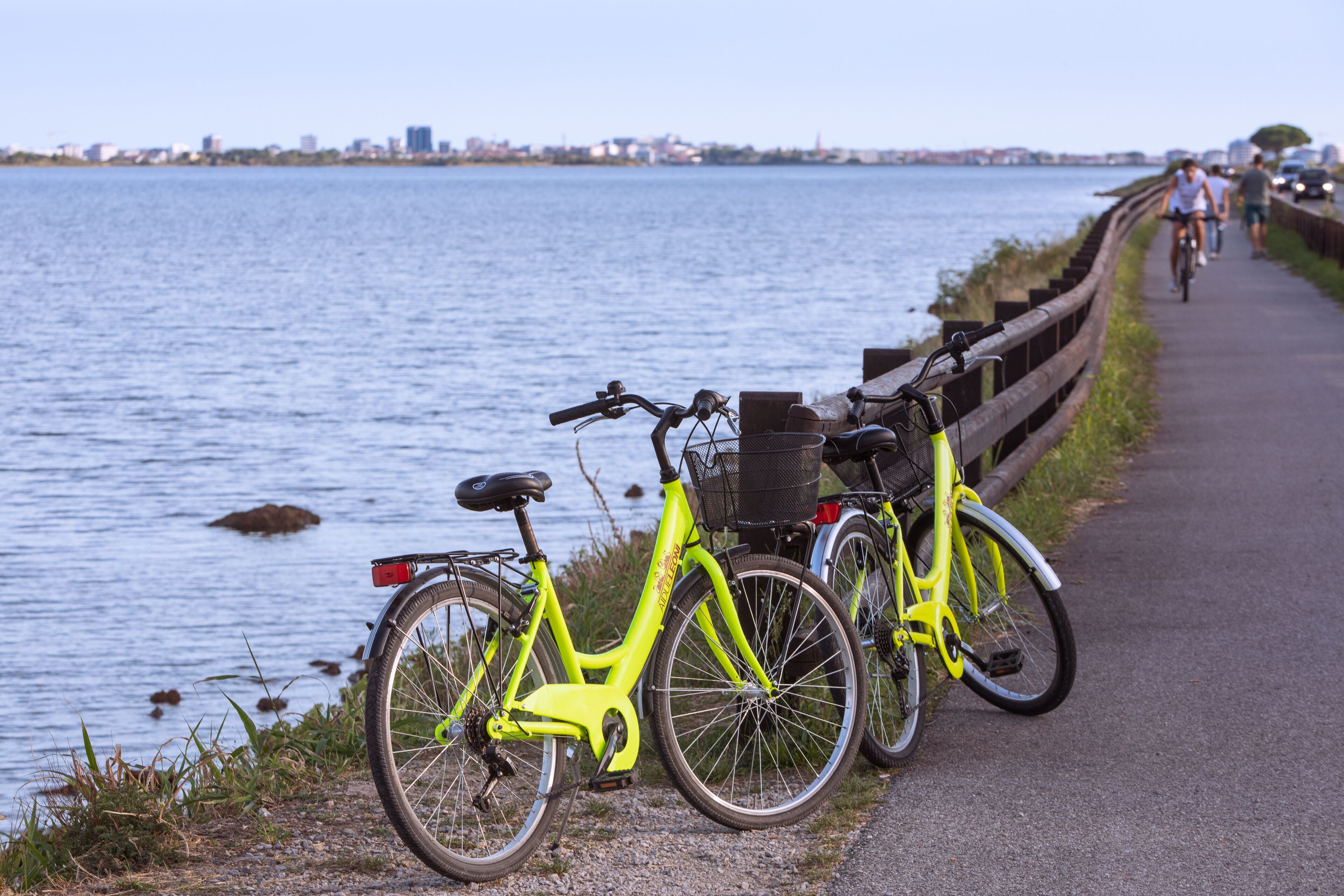 A pathway by a body of water with bicycles parked along the side.