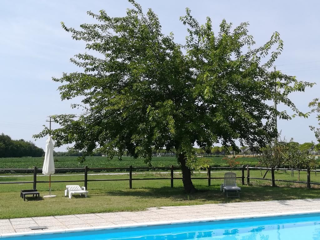 Una piscina con valla de madera y un árbol al fondo.