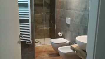 A modern bathroom with a glass shower enclosure, a toilet, and a sink.