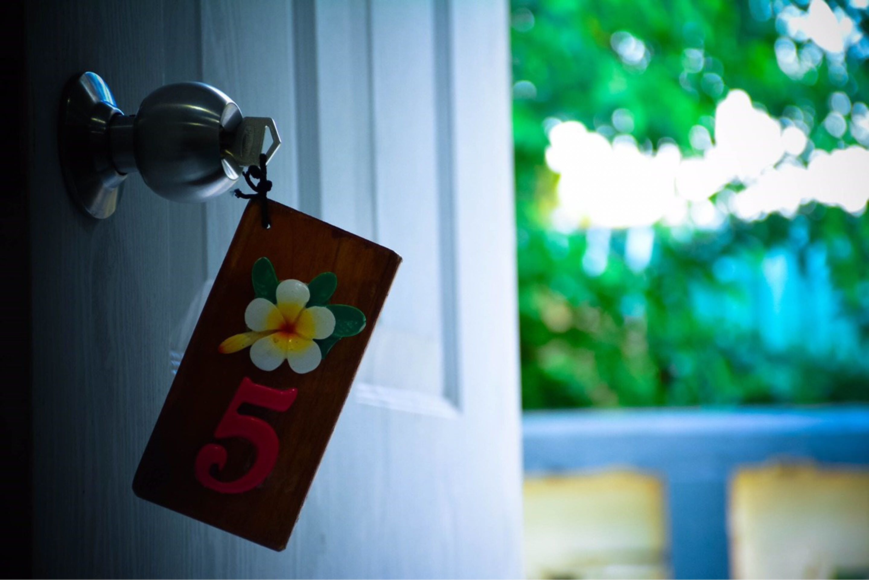 Uma porta com uma placa de identificação com o número 5 e um chaveiro com uma flor.