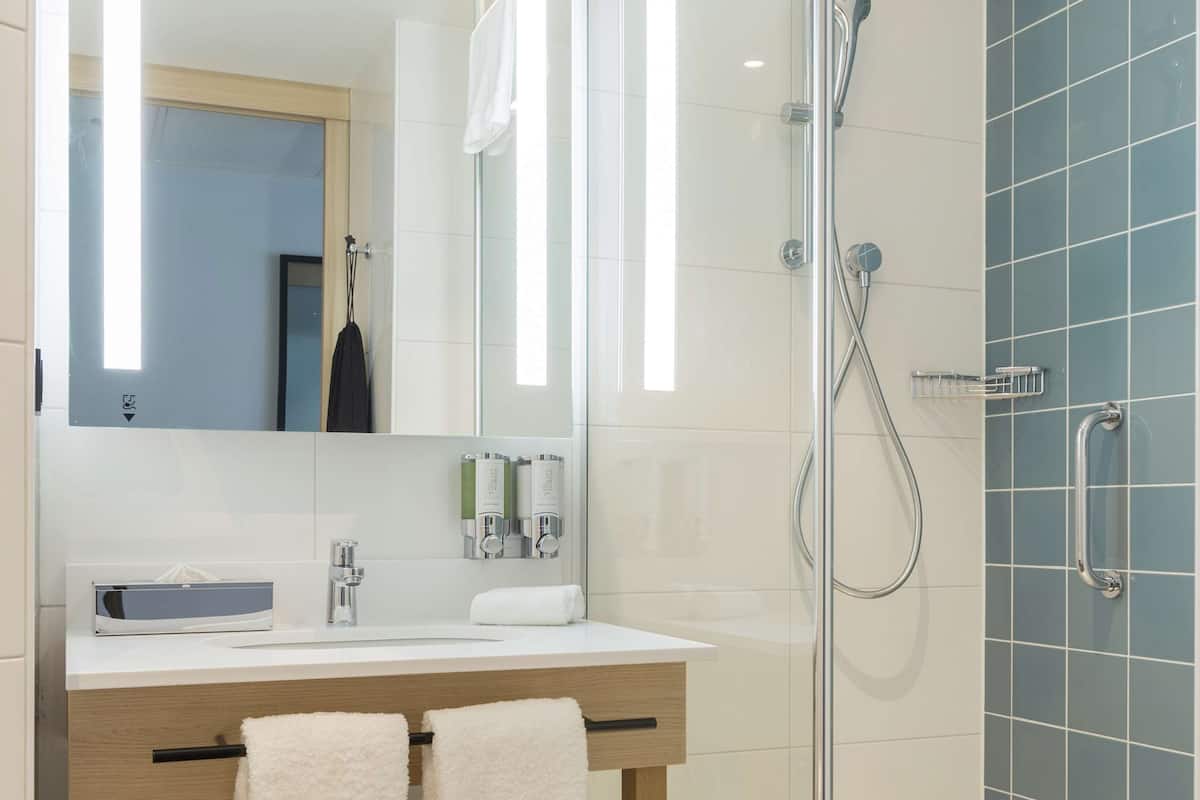 shower, eco-friendly toiletries, hair dryer, towels