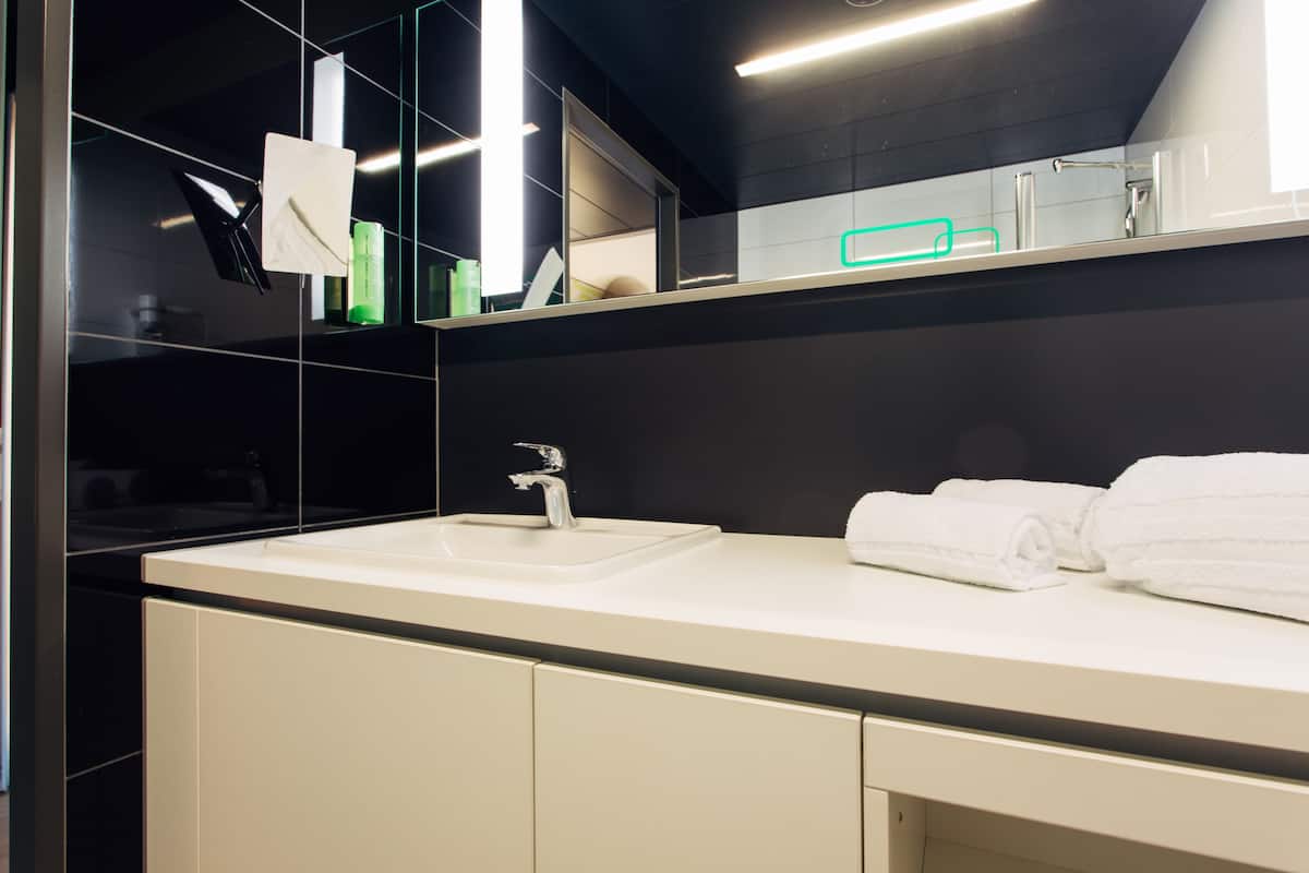 hair dryer, towels, soap, shampoo