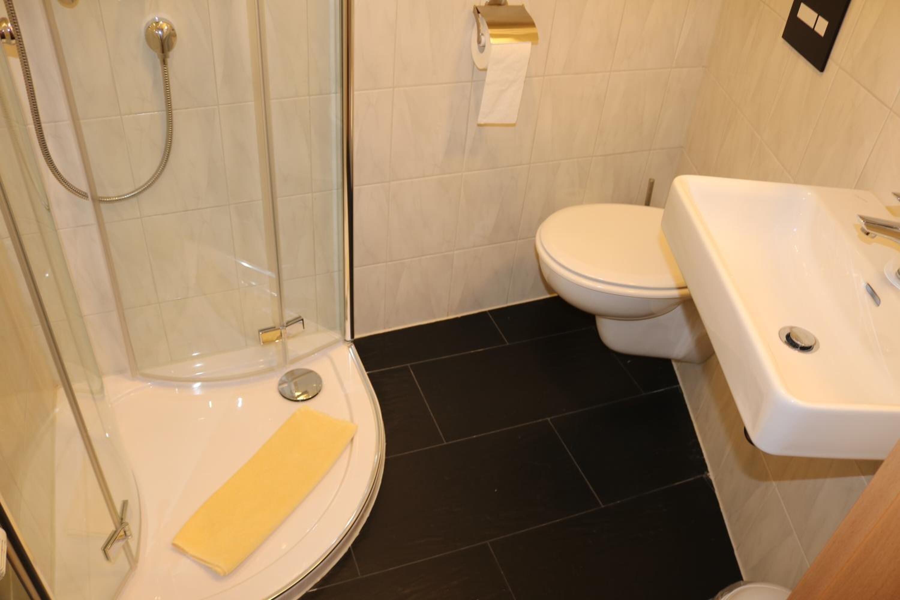 shower, free toiletries, hair dryer, towels