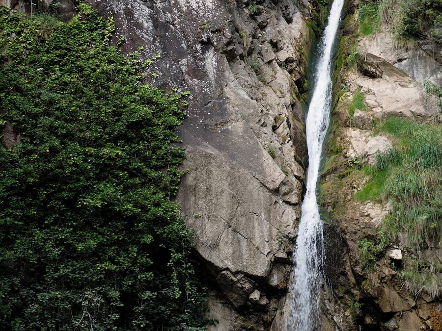 Una cascada se precipita por un acantilado rocoso rodeado de follaje verde y abundante.