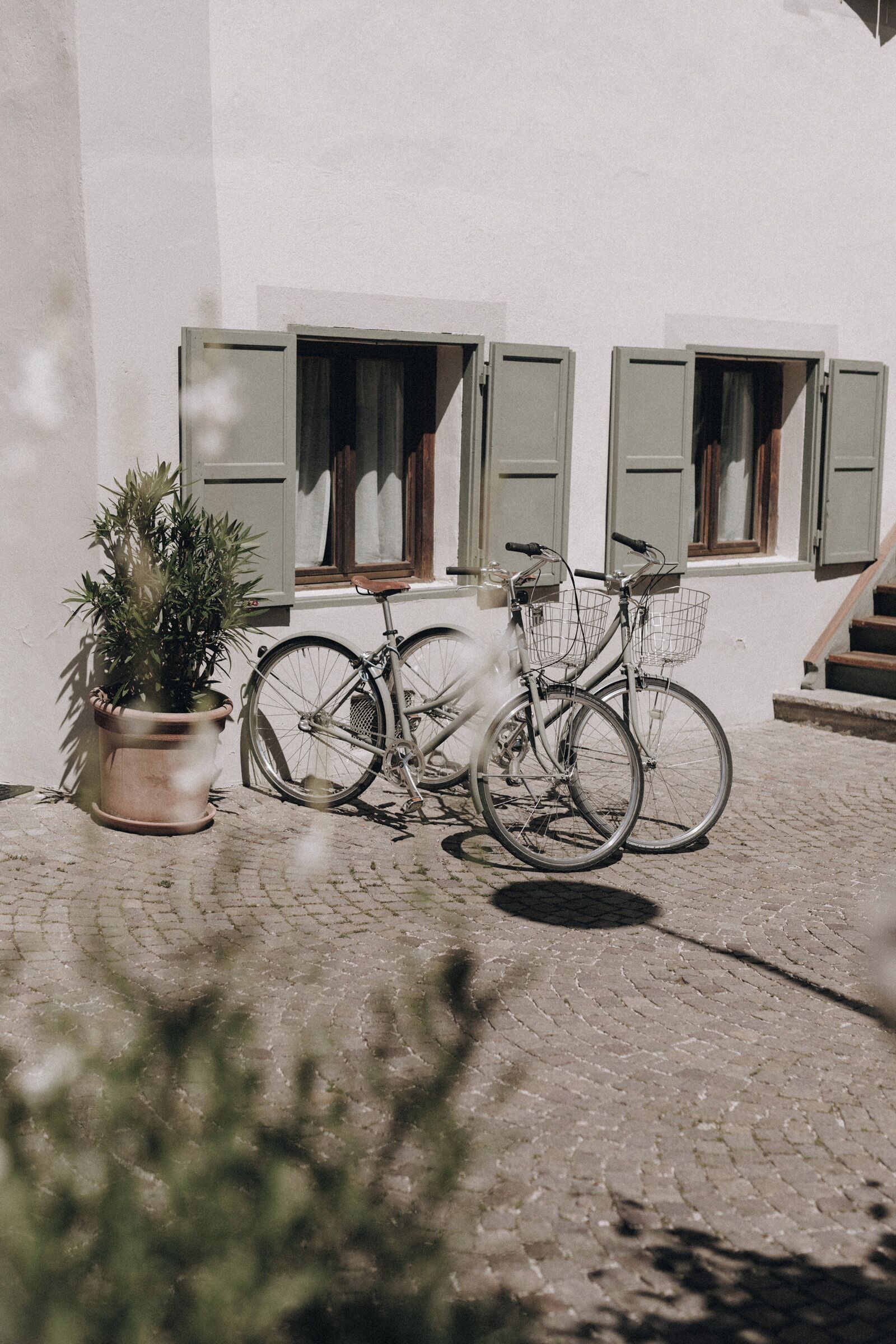 Una bicicleta estacionada junto a una maceta frente a un edificio con contraventanas verdes y suelo adoquinado.