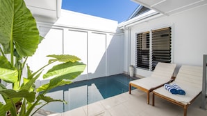 A sunlit outdoor pool area with two lounge chairs, a large plant, and a window with blinds. - Reflections Villa 2 (Picnic Bay)