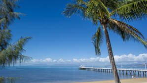 A beach with a palm tree, clear blue sky, and a pier extending into the water. - Reflections Villa 2 (Picnic Bay)