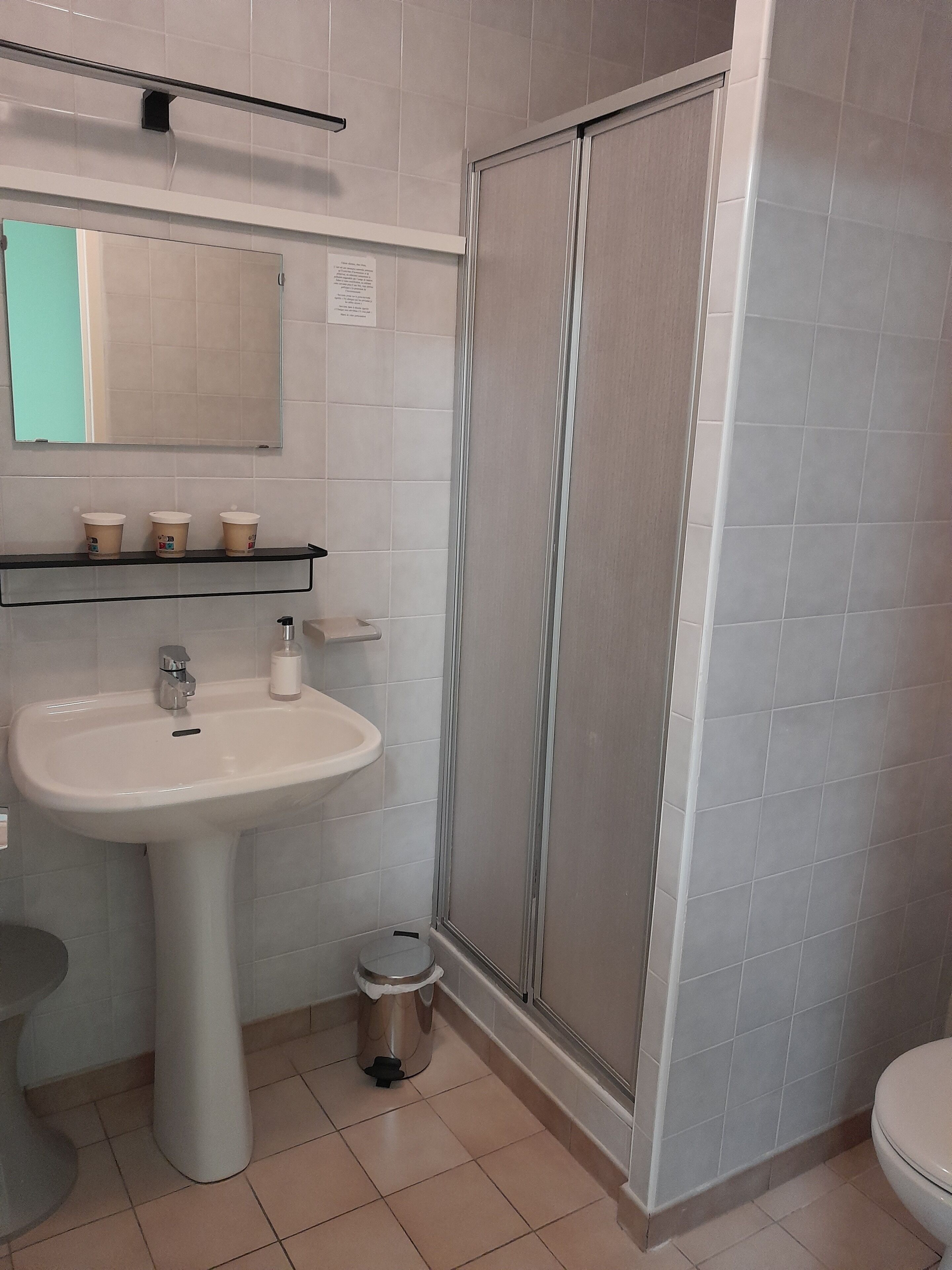 Un bagno con lavandino, specchio e water bianchi. È presente una zona doccia con porta in vetro e un cestino.