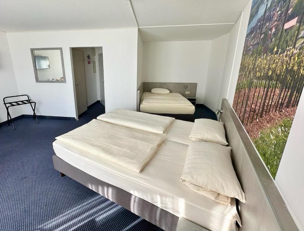 Habitación de hotel con dos camas, un escritorio pequeño, un espejo y vistas a un jardín.