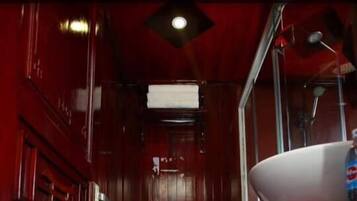 Separate tub and shower, free toiletries, hair dryer, slippers