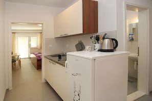 Apartment (Lila) | Private kitchenette | Fridge, stovetop, electric kettle, cookware/dishes/utensils