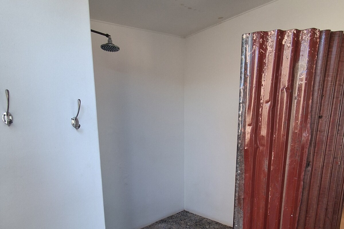 A room with a shower, a bench, and a door.