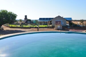 Una piscina con vistas a un edificio con paneles solares, un cobertizo pequeño y una zona ajardinada con un árbol.