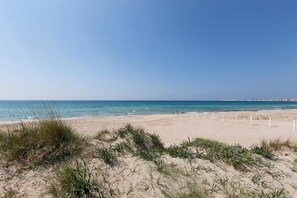 A beach with sand dunes and a clear blue sky.