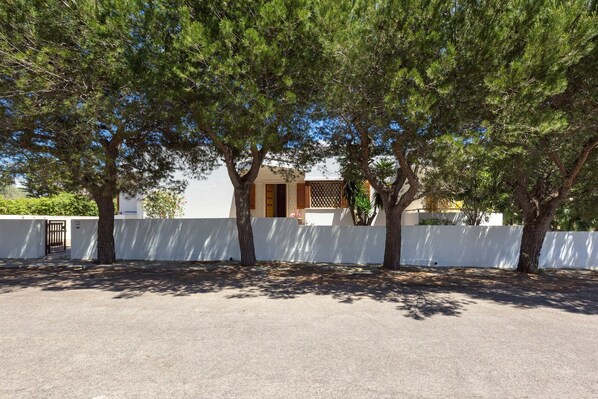 A paved area with trees and a white wall in the background.